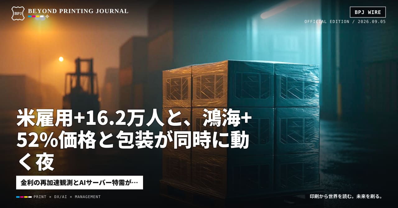 米雇用+16.2万人と、鴻海+52% — 価格と包装が同時に動く夜、ほか8本|BPJ News 夕刊