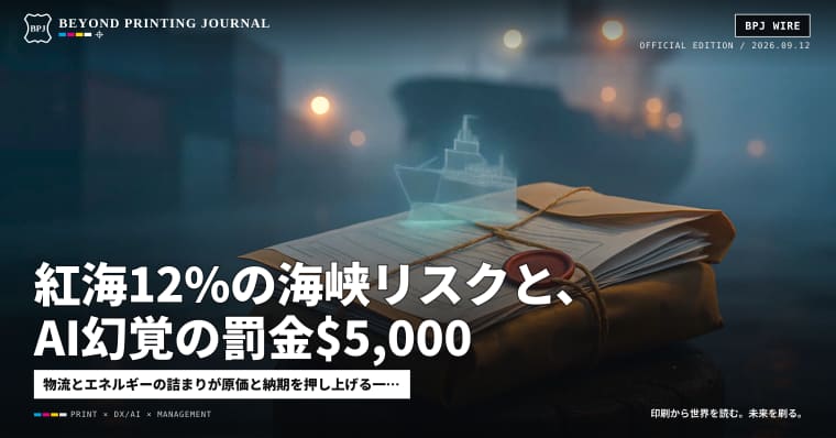紅海12%の海峡リスクと、AI幻覚の罰金$5,000 — ほか7本|BPJ News 朝刊